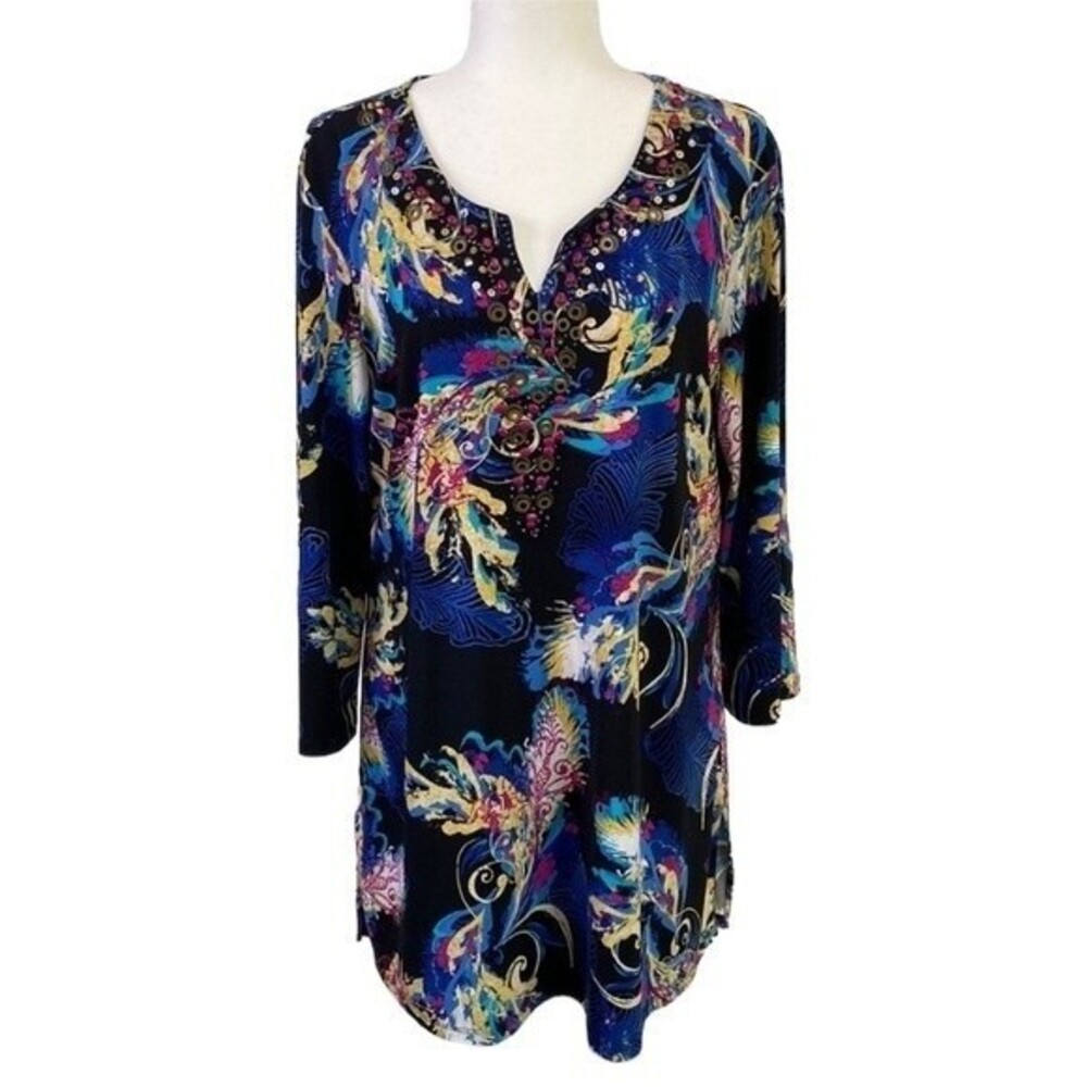 Style & Co Beaded Tunic Top Multicolored Leaves Print 3/4 Sleeve V-Neck Stretchy